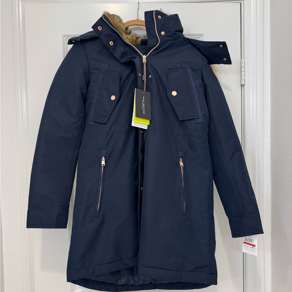 Andrew Marc Blue Faux Fur Fortuna Drawstring Waist Long Parka Jacket